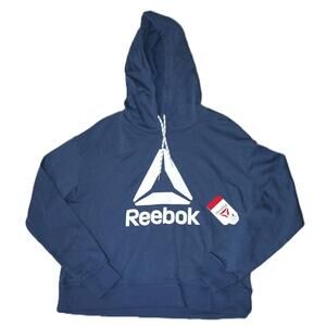Reebok Hoodie Womens M Ensign Blue Crop Pullover Lined Logo Relaxed Fit Fleece